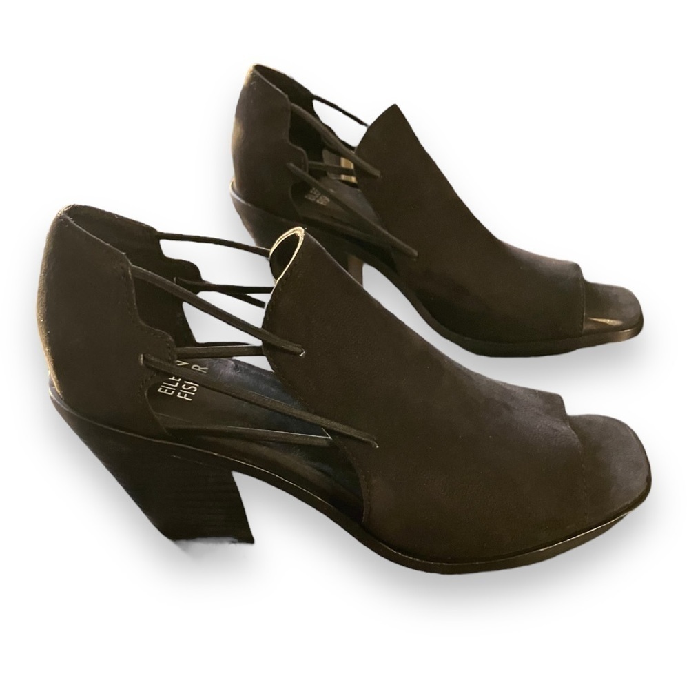 Eileen Fisher Black Suede Alfie Heels Peep Toe 3” Block Size 7 New Box - Picture 2 of 10